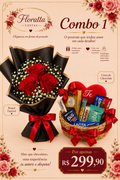 Combo 1 - Buquê luxo de 3 rosas + Cesta de chocolate grande