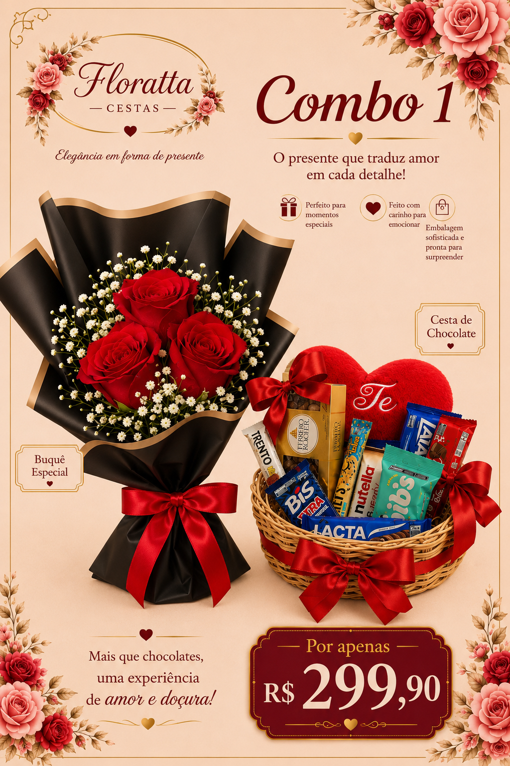 Combo 1 - Buquê luxo de 3 rosas + Cesta de chocolate grande