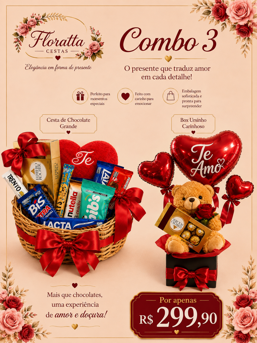 Combo 3- Cesta de Chocolate grande + Ursinho Carinhoso