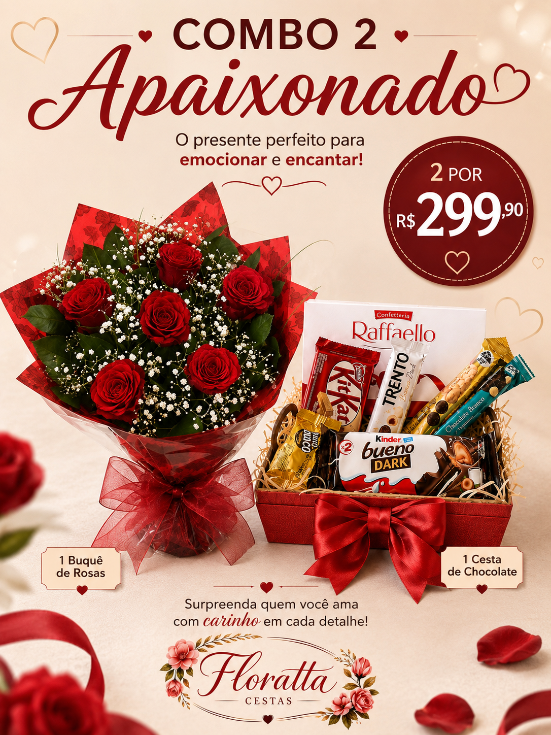Combo 2 - Buquê Magnífico de 6 Rosas + Cesta de chocolate pequena
